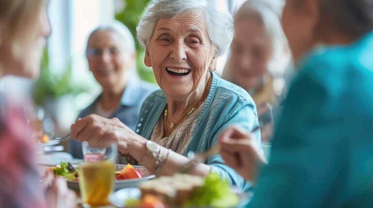 Two older adults smiling and talking over coffee in a communal living room with natural light.